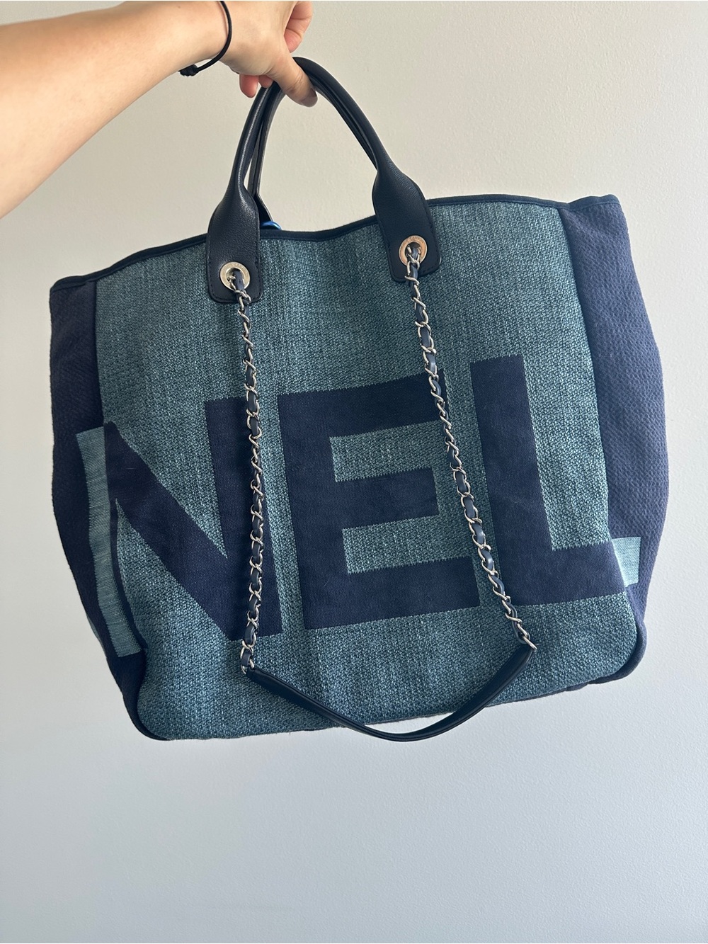 CHANEL Large Denim Tote Bag with silver hardware
